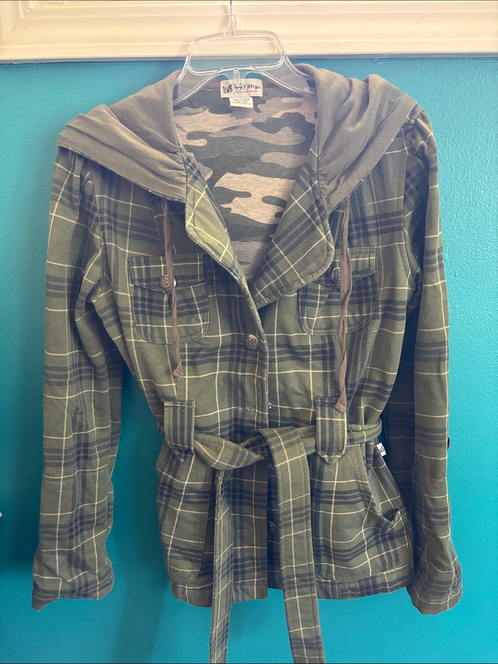 Self Esteem Olive Green Plaid Hooded Utility Jacket with Belt